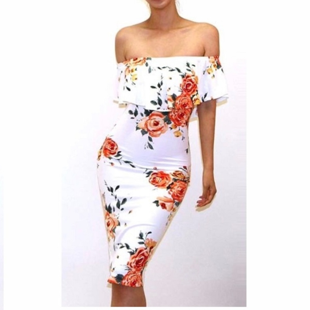 OFF SHOULDER FLORAL MIDI DRESS - Picture 1 of 7
